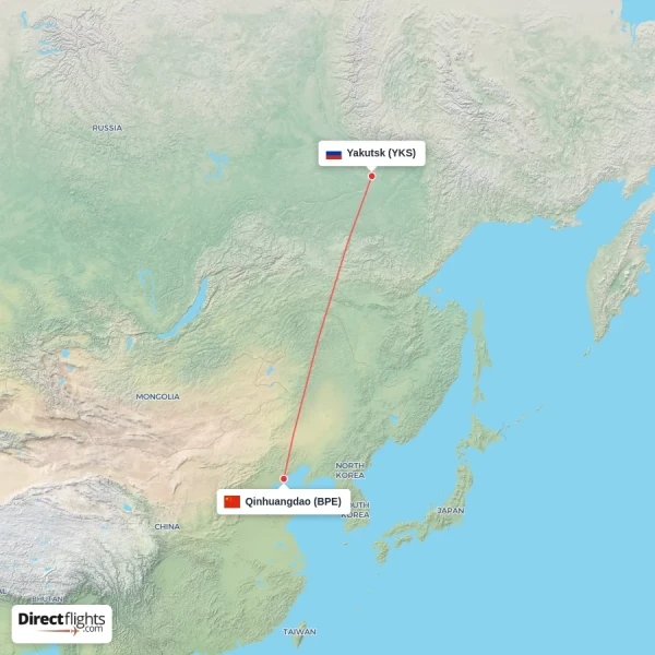 Yakutsk - Qinhuangdao direct flight map