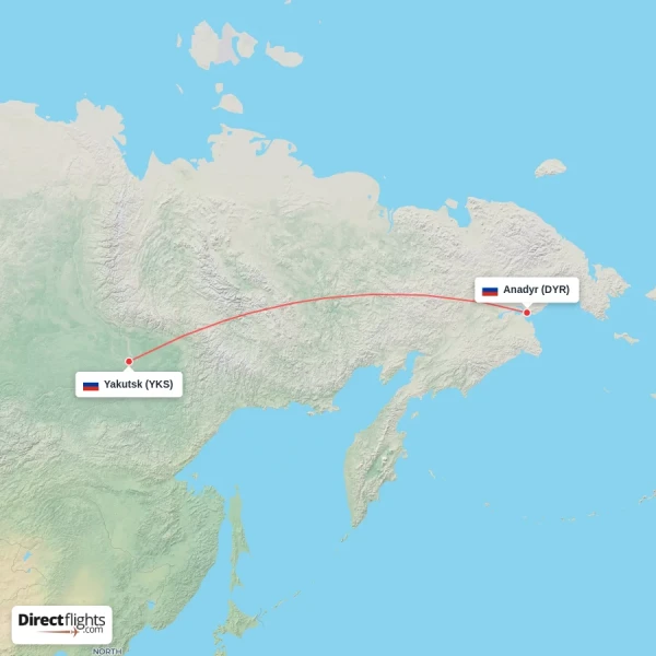 Yakutsk - Anadyr direct flight map