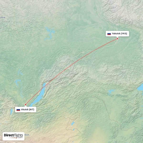 Yakutsk - Irkutsk direct flight map