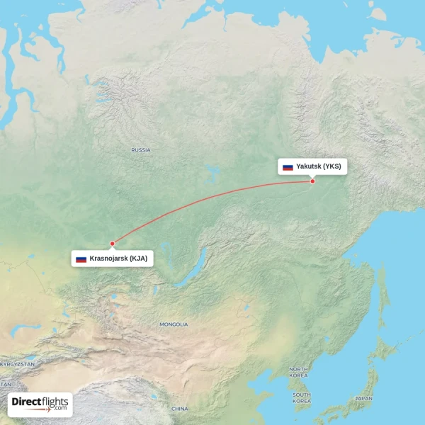 Yakutsk - Krasnojarsk direct flight map