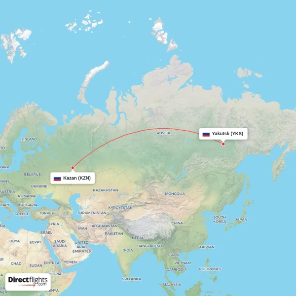 Yakutsk - Kazan direct flight map