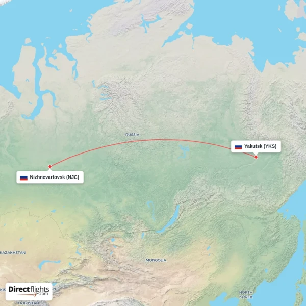 Yakutsk - Nizhnevartovsk direct flight map