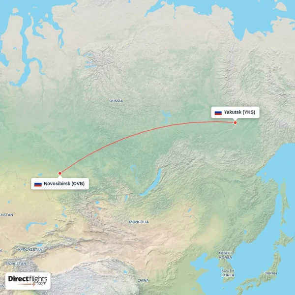 Yakutsk - Novosibirsk direct flight map