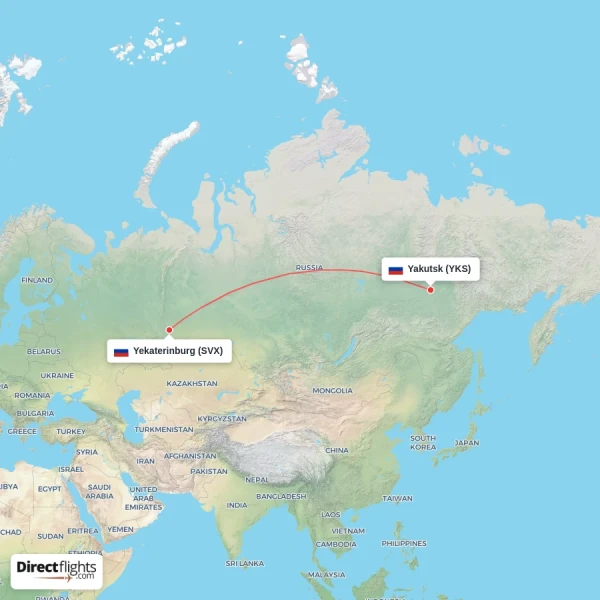 Yakutsk - Yekaterinburg direct flight map