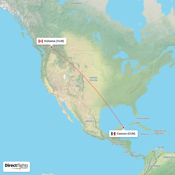 Kelowna - Cancun direct flight map