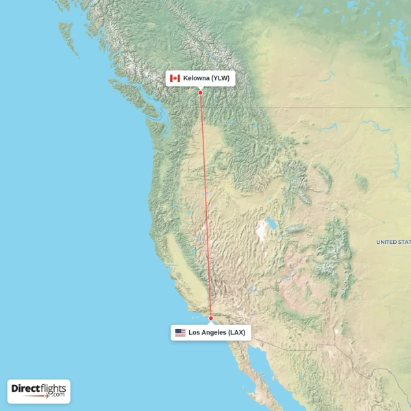 Kelowna - Los Angeles direct flight map