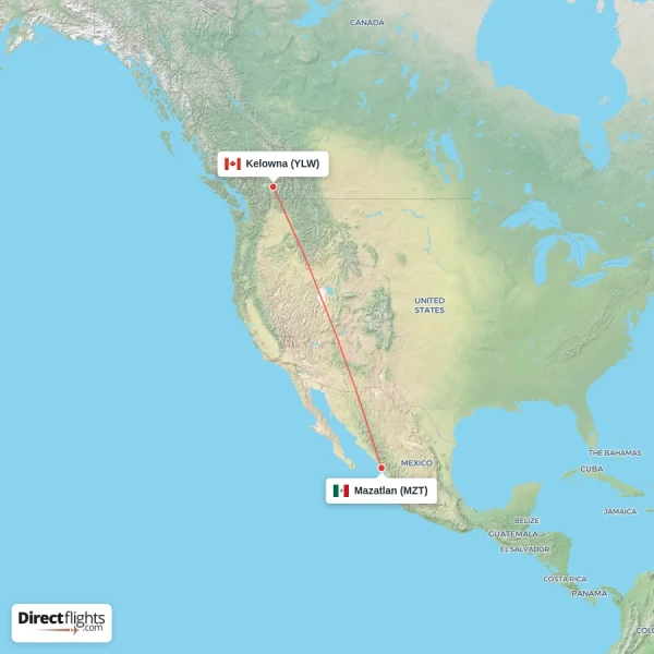 Kelowna - Mazatlan direct flight map