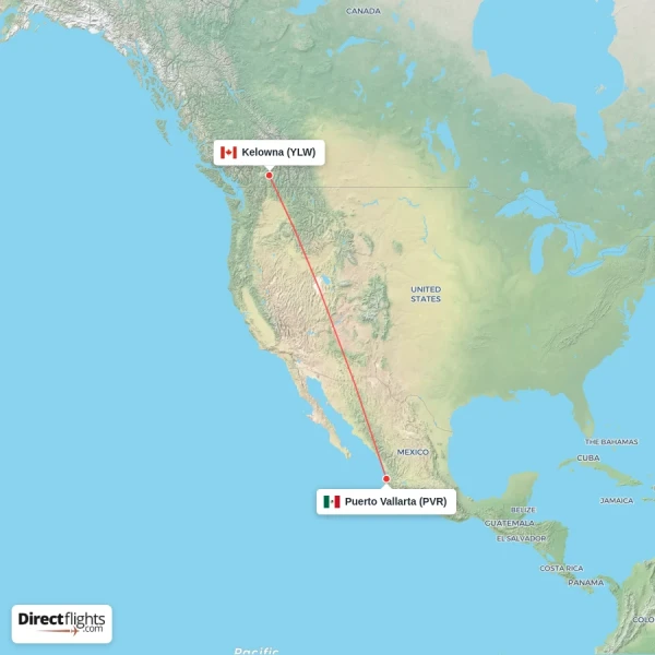 Kelowna - Puerto Vallarta direct flight map