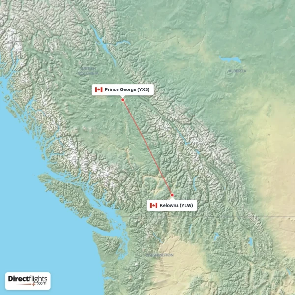 Kelowna - Prince George direct flight map