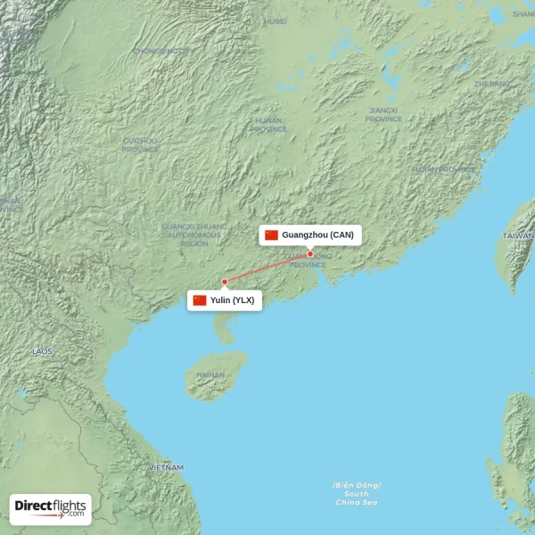 Yulin - Guangzhou direct flight map