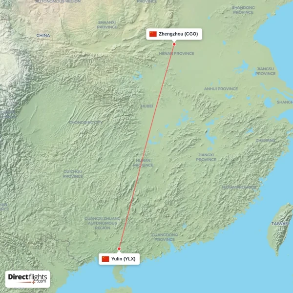 Yulin - Zhengzhou direct flight map