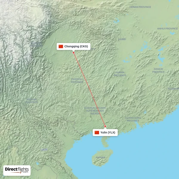 Yulin - Chongqing direct flight map