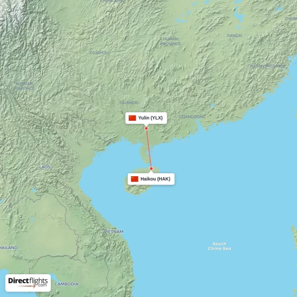 Yulin - Haikou direct flight map