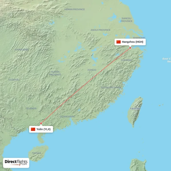 Yulin - Hangzhou direct flight map