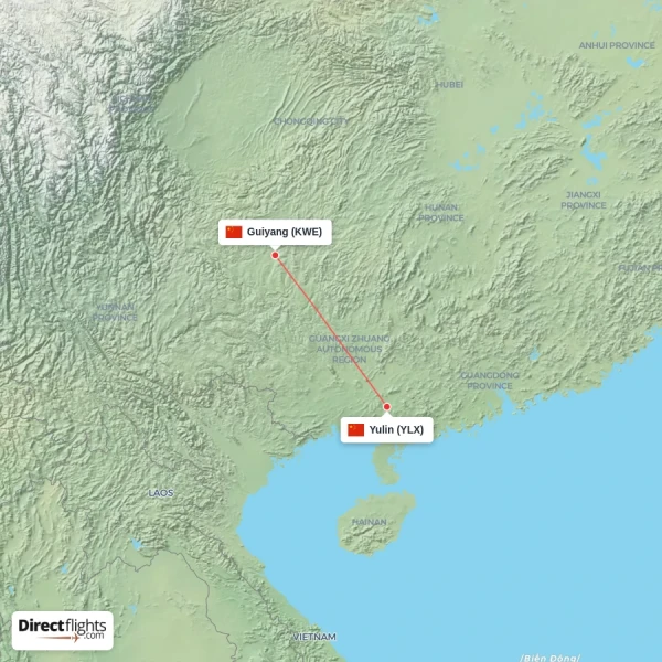 Yulin - Guiyang direct flight map