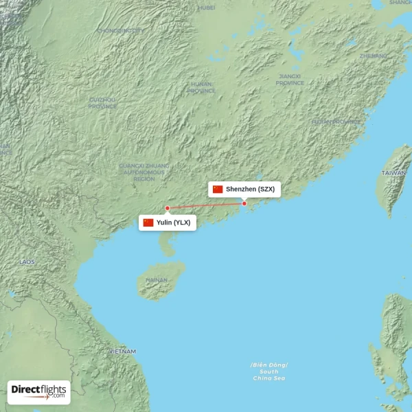 Yulin - Shenzhen direct flight map