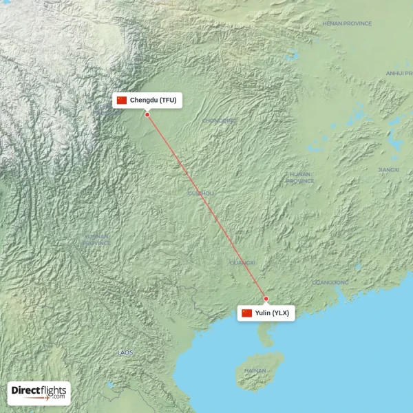 Yulin - Chengdu direct flight map