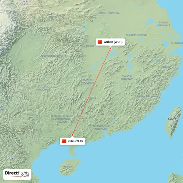 Yulin - Wuhan direct flight map