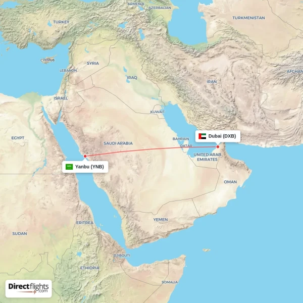 Yanbu - Dubai direct flight map