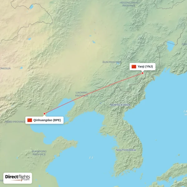 Yanji - Qinhuangdao direct flight map