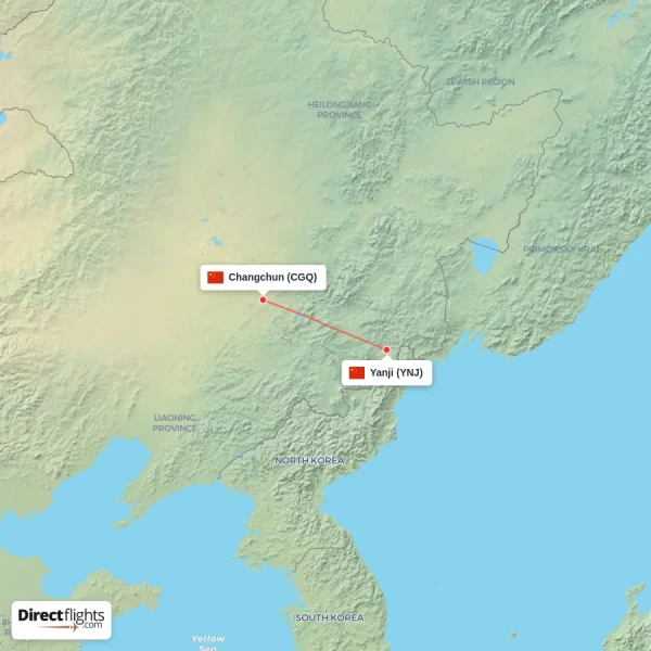 Yanji - Changchun direct flight map