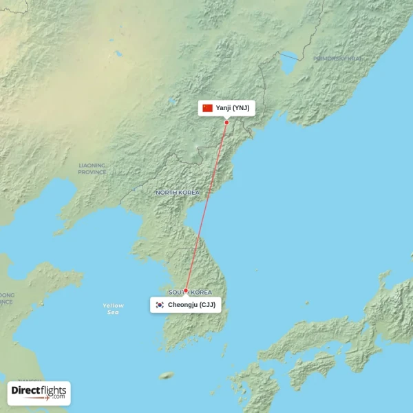 Yanji - Cheongju direct flight map