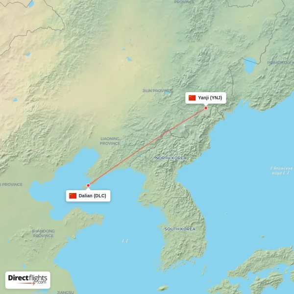 Yanji - Dalian direct flight map