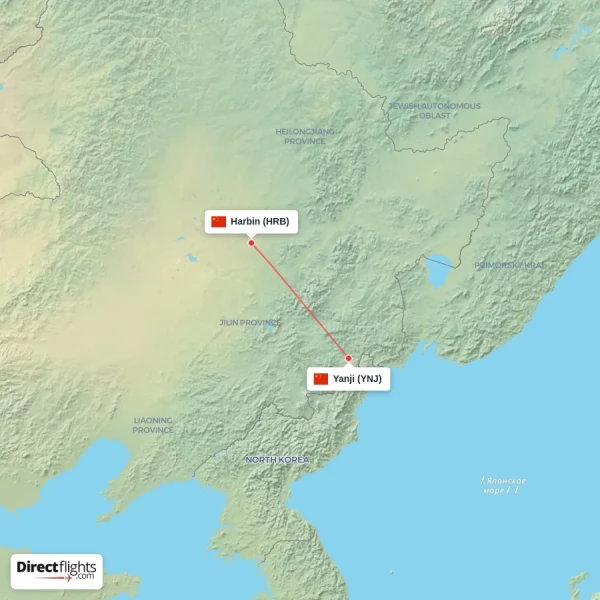 Yanji - Harbin direct flight map