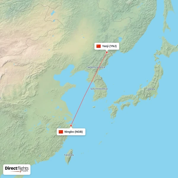 Yanji - Ningbo direct flight map