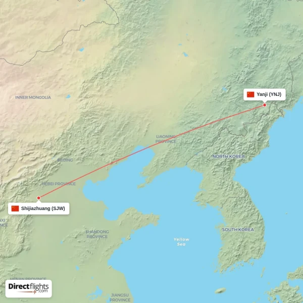 Yanji - Shijiazhuang direct flight map