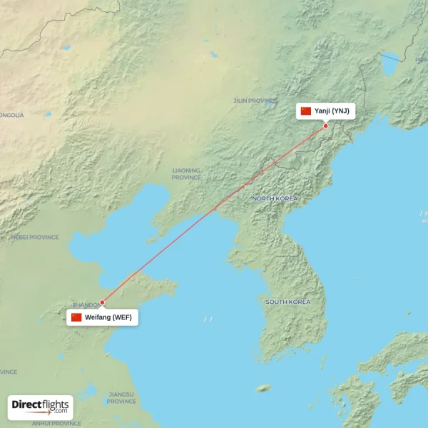 Yanji - Weifang direct flight map