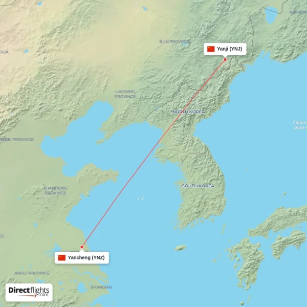 Yanji - Yancheng direct flight map