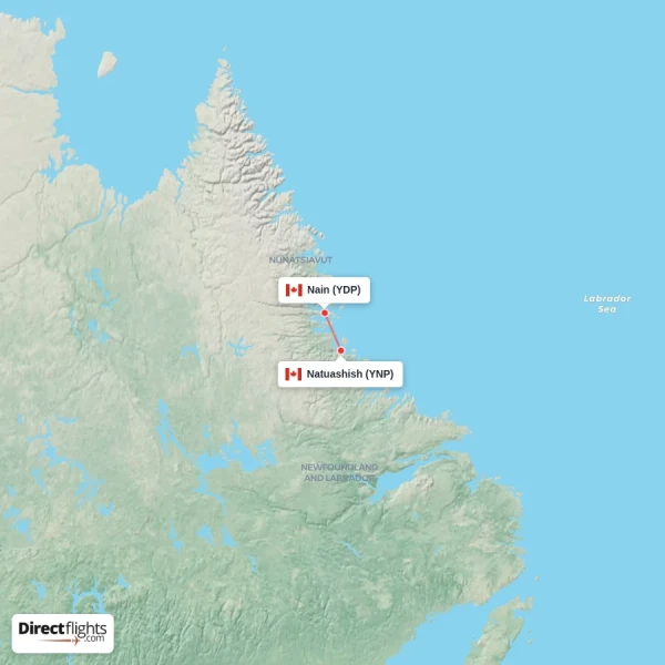 Natuashish - Nain direct flight map