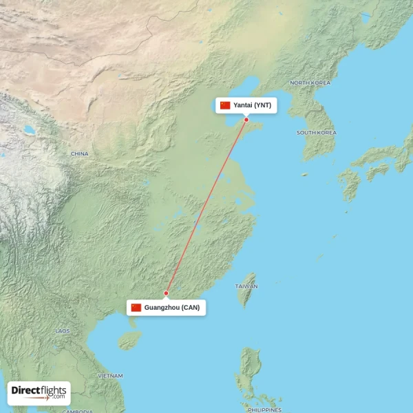 Yantai - Guangzhou direct flight map