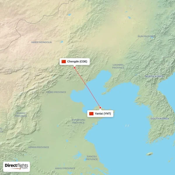 Yantai - Chengde direct flight map