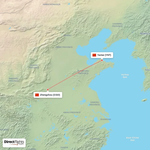 Yantai - Zhengzhou direct flight map
