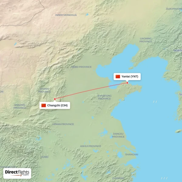 Yantai - Changzhi direct flight map