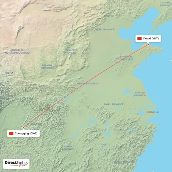 Yantai - Chongqing direct flight map