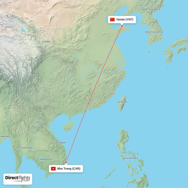 Yantai - Nha Trang direct flight map