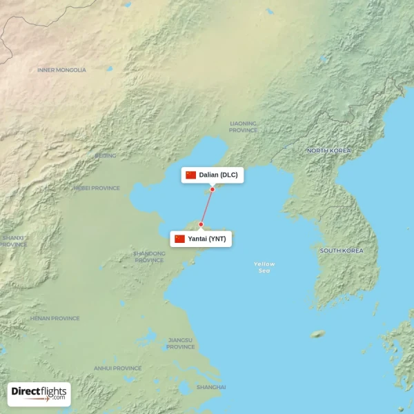 Yantai - Dalian direct flight map