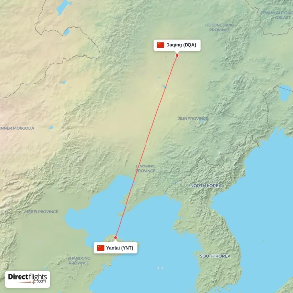 Yantai - Daqing direct flight map