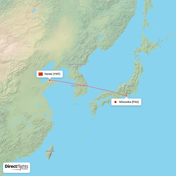 Yantai - Shizuoka direct flight map