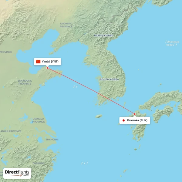 Yantai - Fukuoka direct flight map