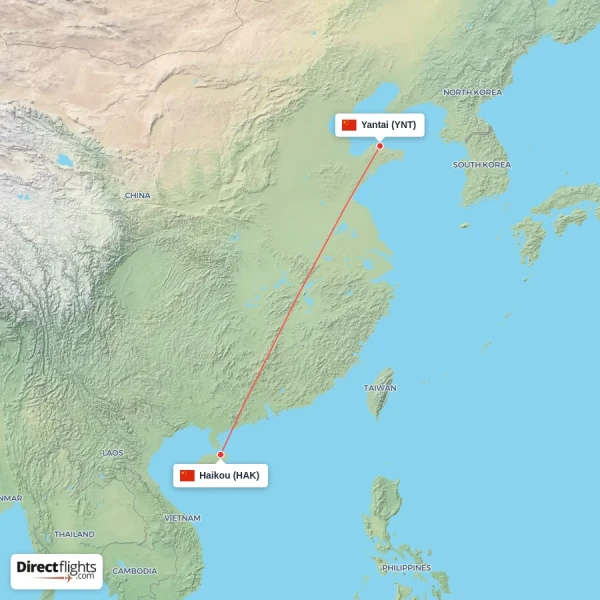 Yantai - Haikou direct flight map