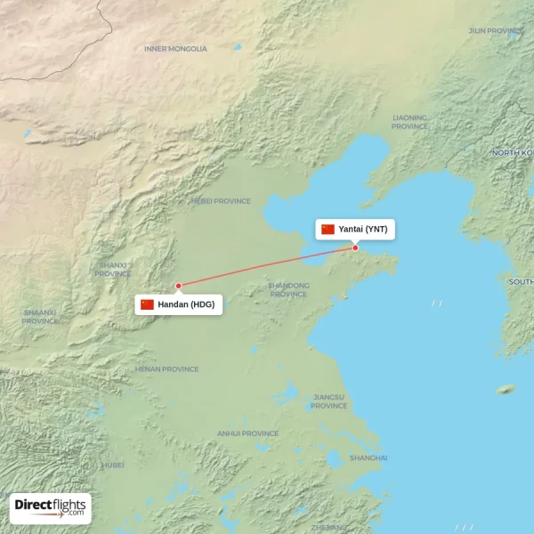 Yantai - Handan direct flight map