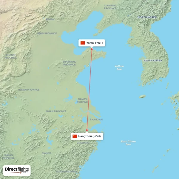 Yantai - Hangzhou direct flight map