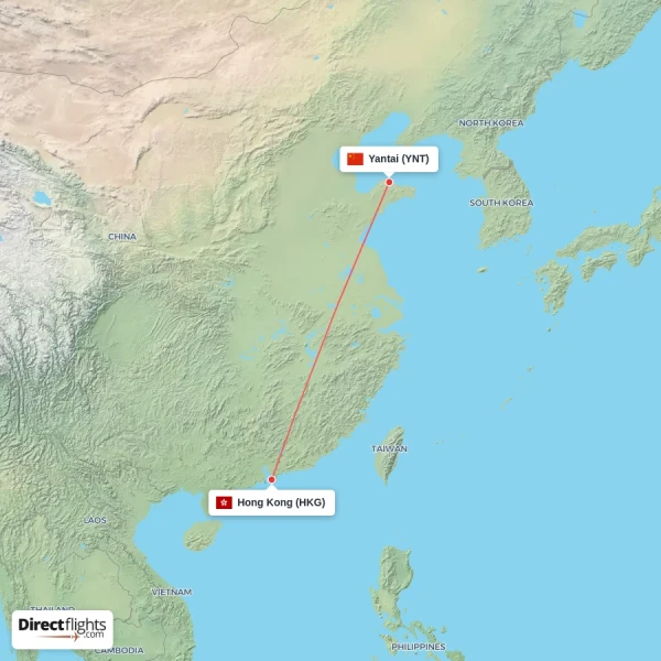 Yantai - Hong Kong direct flight map