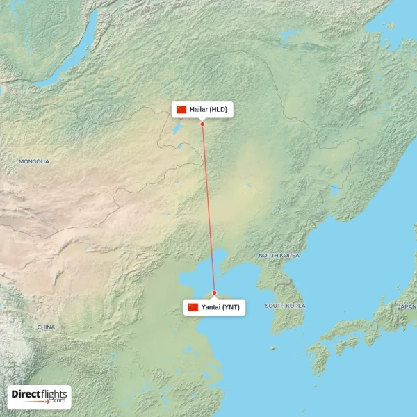 Yantai - Hailar direct flight map