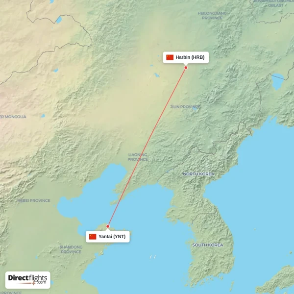 Yantai - Harbin direct flight map