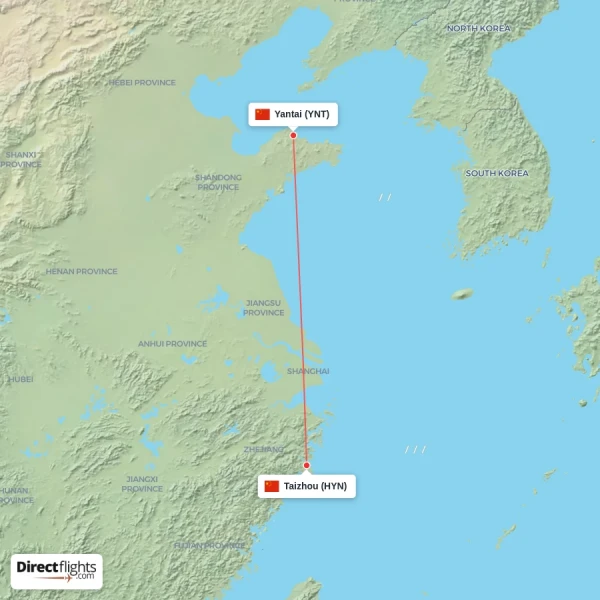 Yantai - Taizhou direct flight map